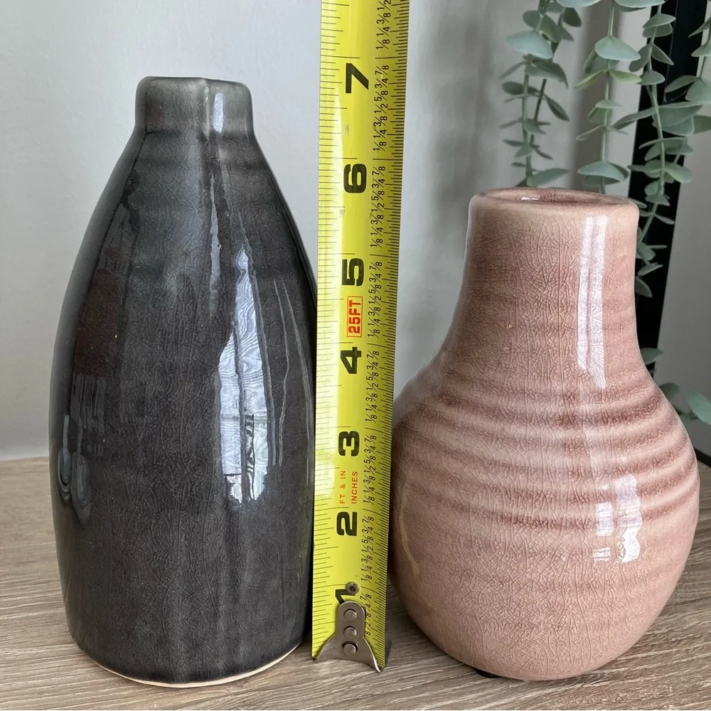 Crate & Barrel Patine Bud Vase Set Of 2 Gray Pink Flower Ceramic Home Decor